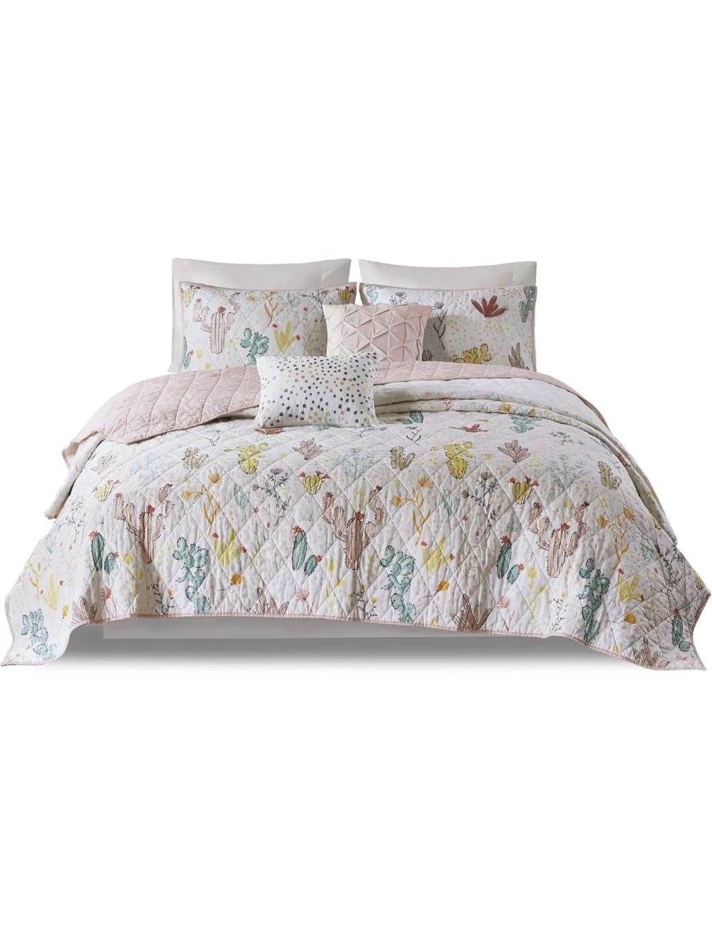 Queen Quilted Cactus & Succulent Comforter Set - Pink